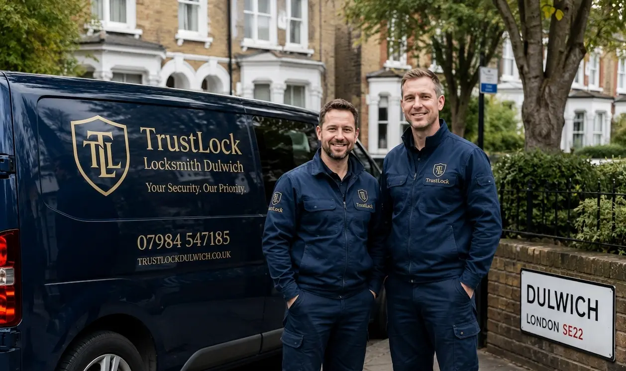 TrustLock Locksmith Dulwich team — two uniformed DBS-checked engineers with branded service van on a Dulwich SE22 street. Available 24/7 across South London.